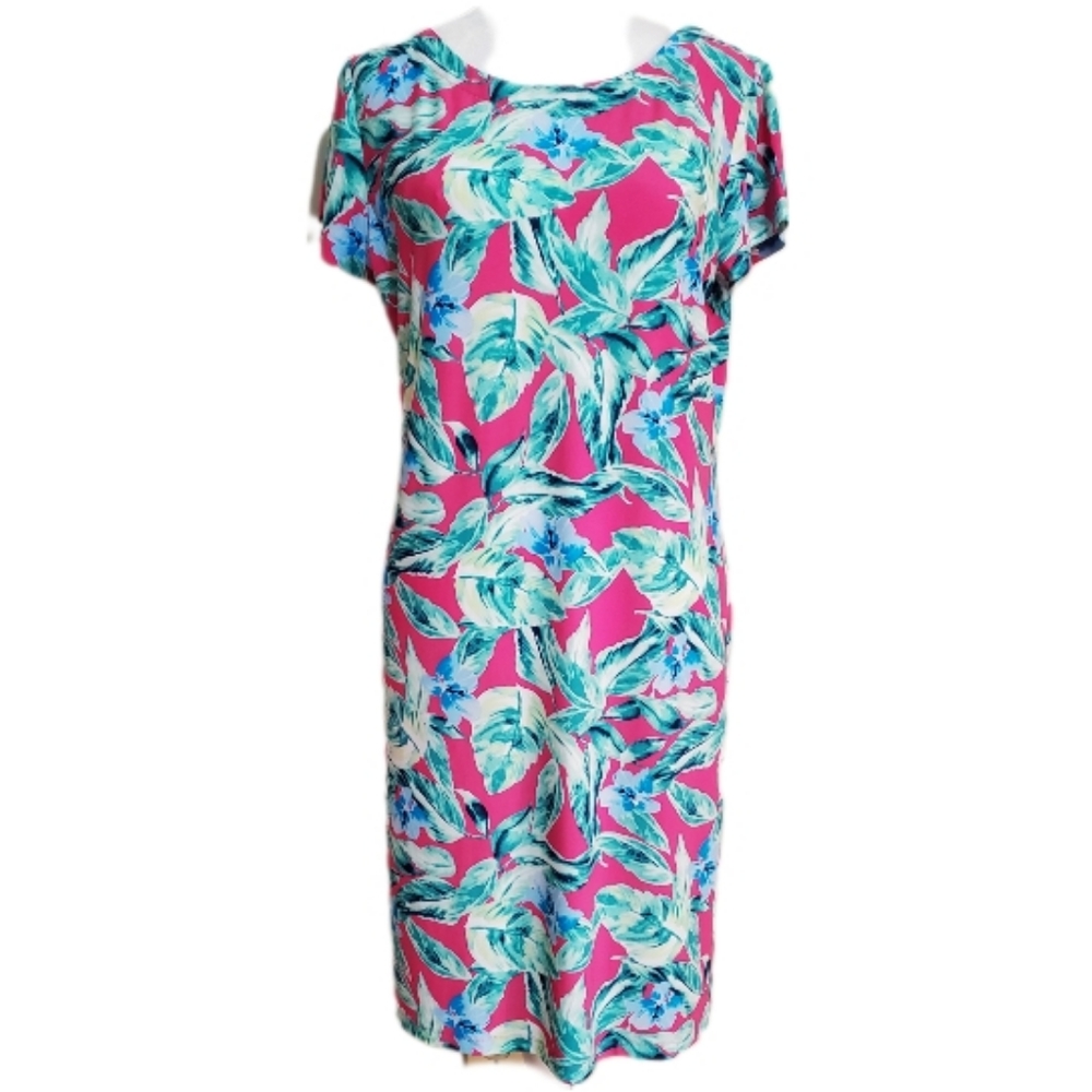 Cappagallo Victoria Island Palm Tropical short sleeve jersey T-shirt dress. M